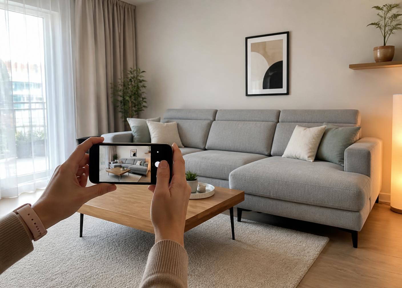 Fotografování moderní sedací soupravy mobilním telefonem v obývacím pokoji