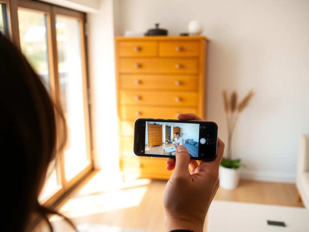 Zákazník fotí komodu mobilem v bytě
