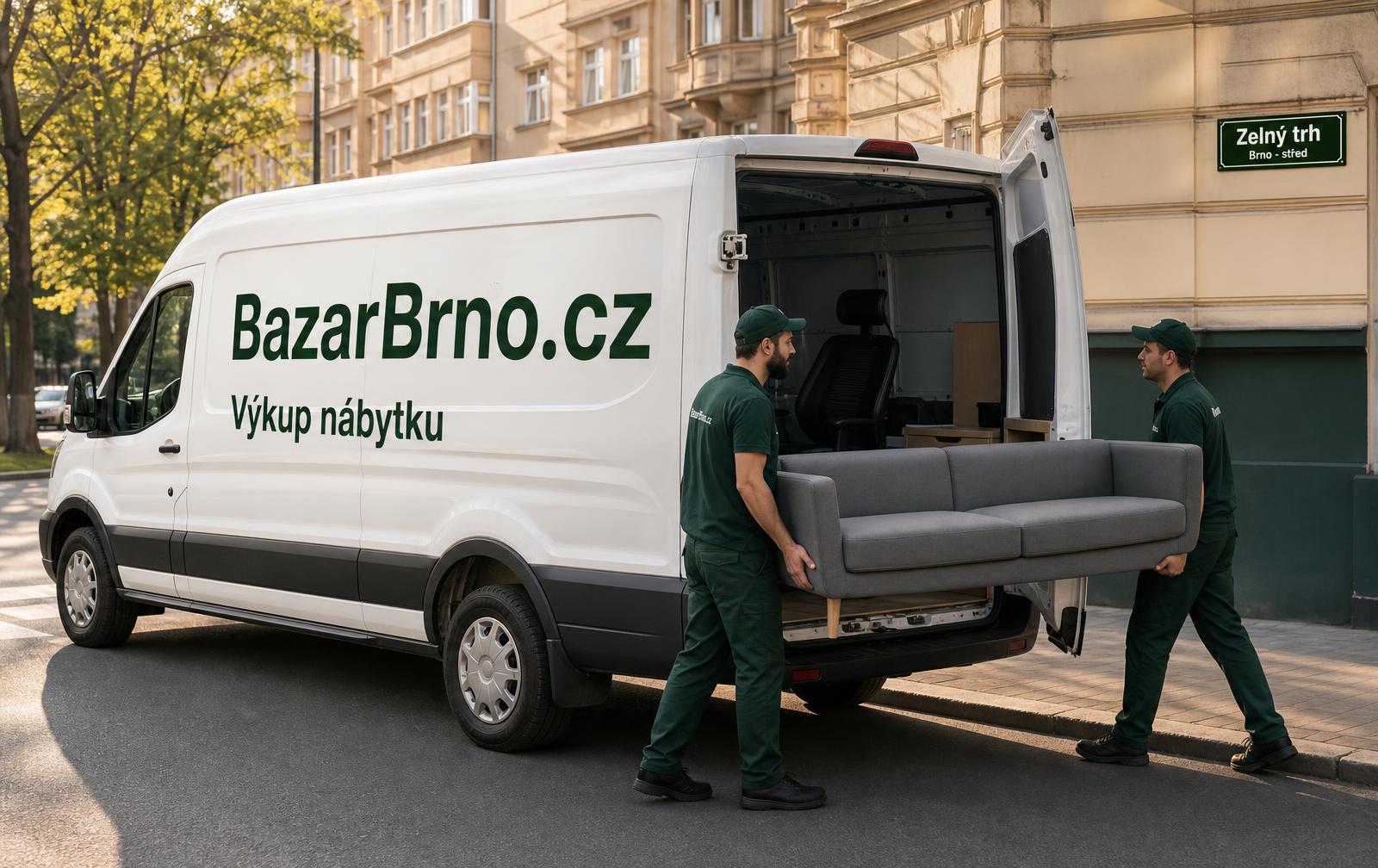 Dodávka s logem BazarBrno.cz, pracovníci nakládají vykoupenou sedačku a kancelářskou židli